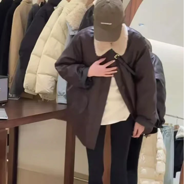 【翻领加棉皮衣】冬季新款韩版休闲时尚宽松复古翻领单排扣外套女