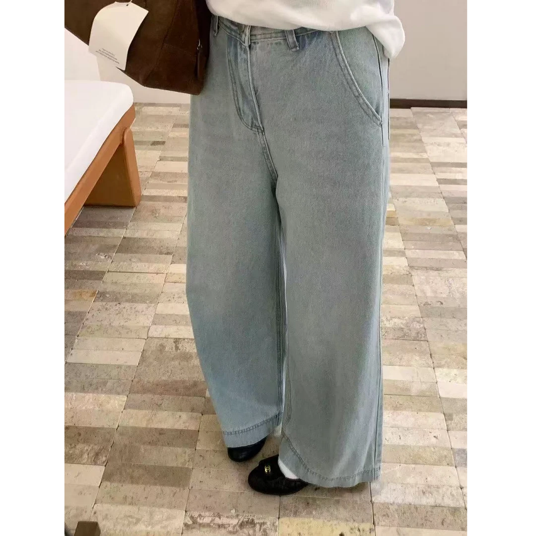 031-设计感浅色阔腿牛仔裤女新款高腰宽松显瘦九分裤月光蓝直筒裤