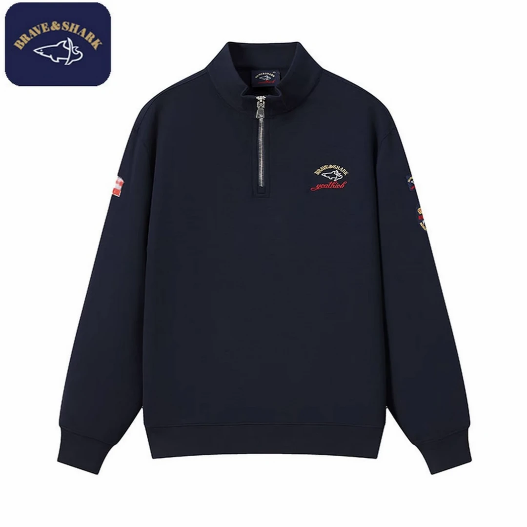 BRAVE&SHARK/勇士鲨鱼男秋季刺绣时尚休闲运动半拉链卫衣立领606