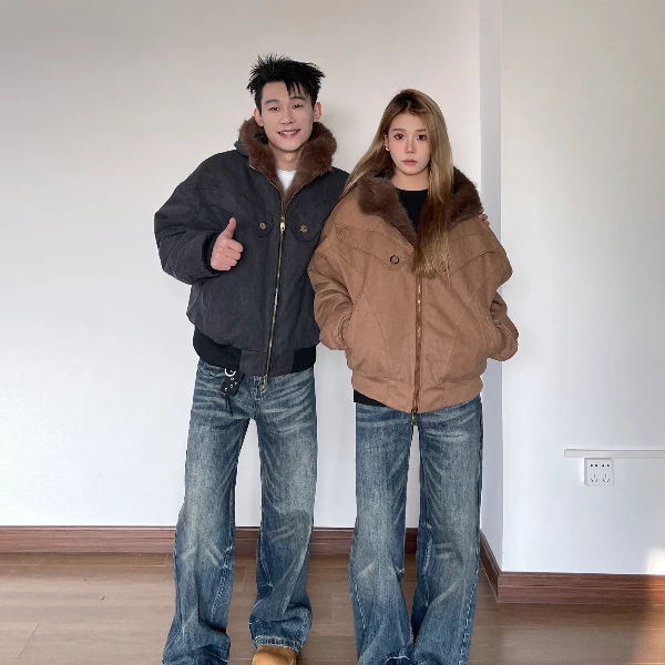 YYMDG立体剪裁座山雕棉服男冬季加厚毛领外套情侣连帽夹克美式