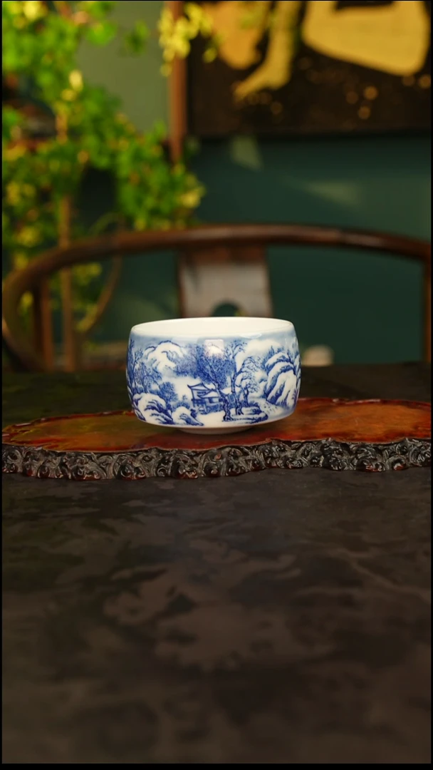 摇**渡九段烧青花手绘雪景主人杯