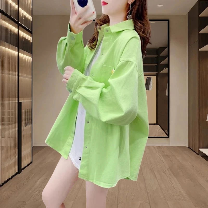 早秋女装2025新款糖果色洋气休闲长袖衬衫中长款宽松显瘦牛仔外套