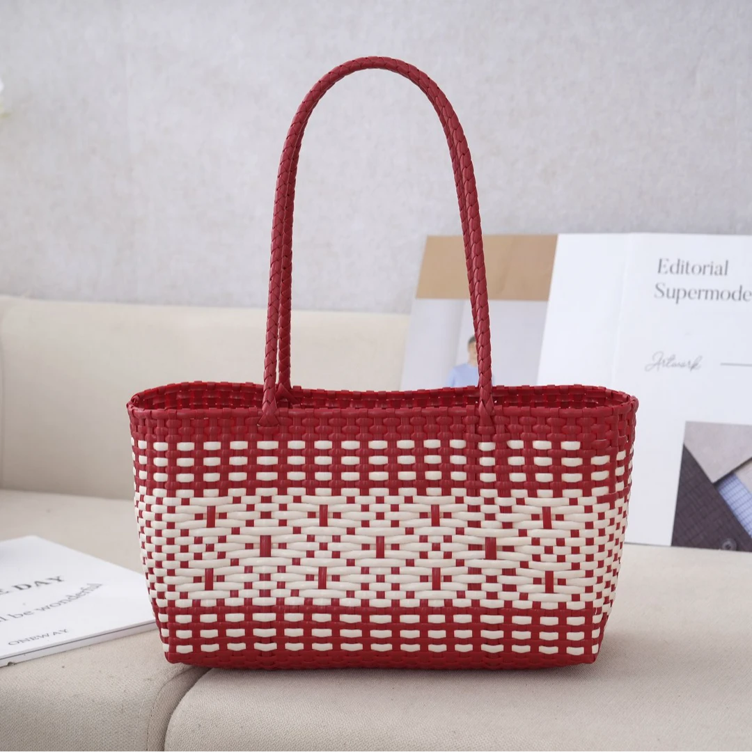 仿藤编手工编织包大容量单肩包千鸟格菜篮子托特包通勤包伴手礼