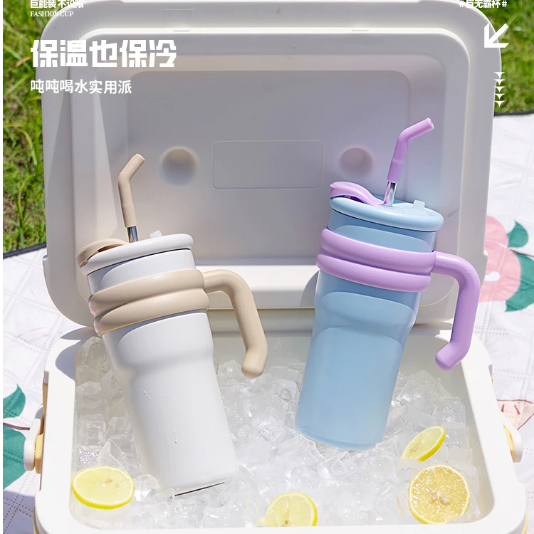 新款卡通316不锈钢保温保冷冰霸杯覆陶瓷内胆便携手柄吸管儿童杯