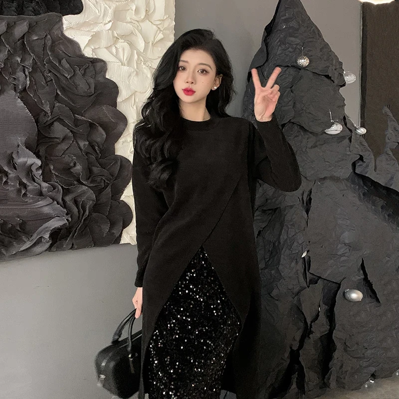 秋季新款369正肩交叉开衩中高领＋时尚洋气亮片半身裙两件套套装