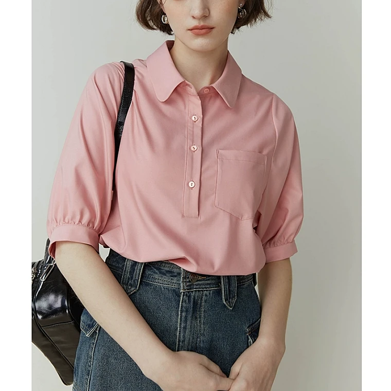 印之恋夏季宽松型五分袖粉色翻领休闲衬衫小众翻领polo百搭衬衣