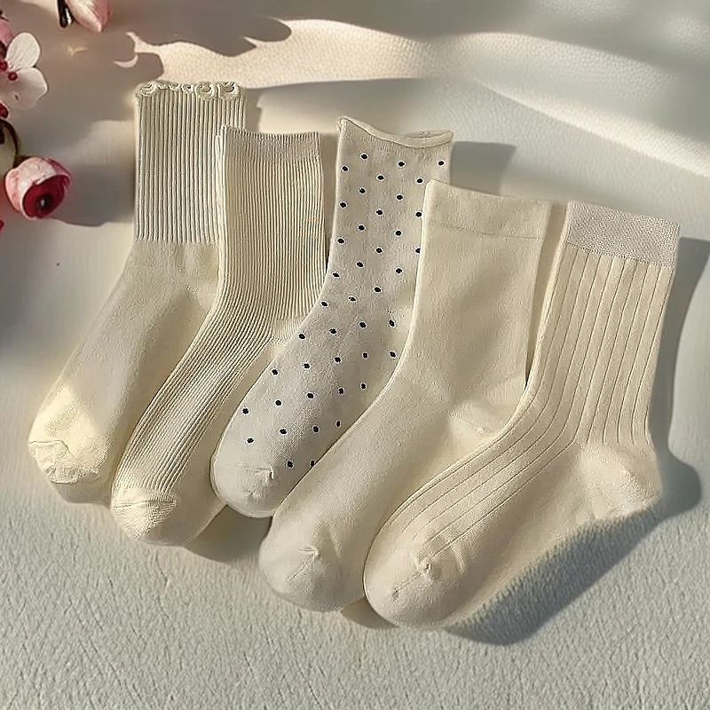 奶白色新疆棉中筒袜春夏百搭纯色堆堆袜长袜韩版波点木耳边月子袜