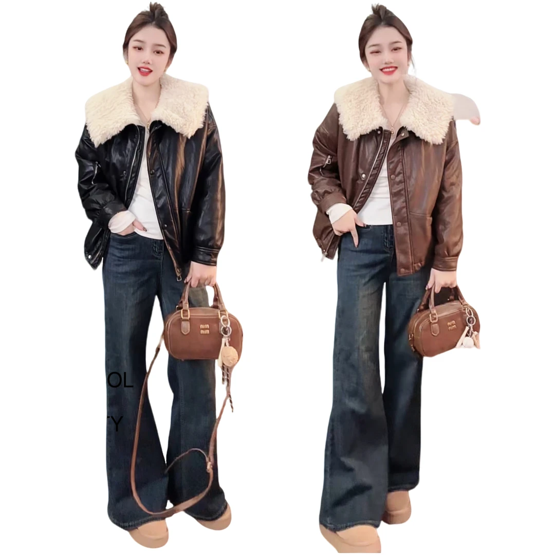 大翻领皮衣外套女欧洲站2024年冬季新款韩版爆款进口蛋白皮上衣