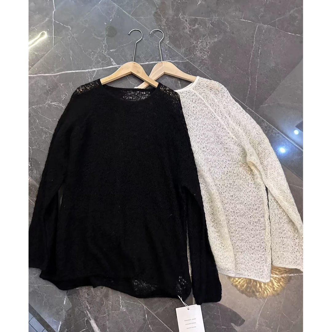 y015 长袖网红时尚百搭黑色镂空圆领气质套头针织衫马毛款