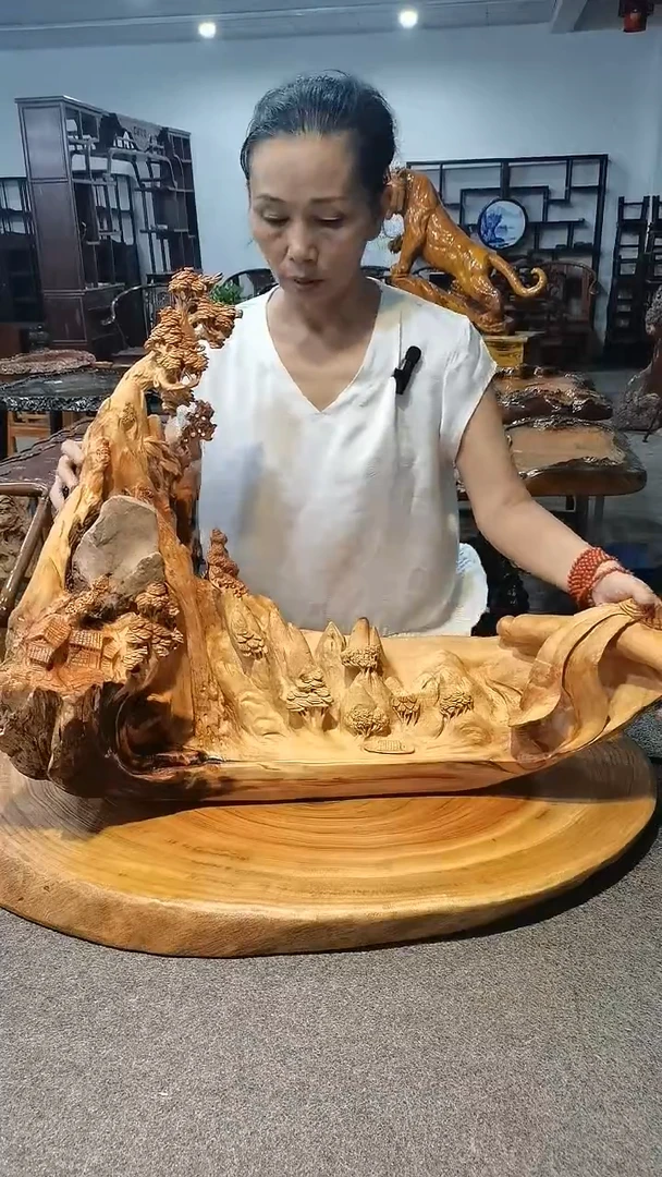 木崖柏，千里江山图，摆件 ，手工雕刻