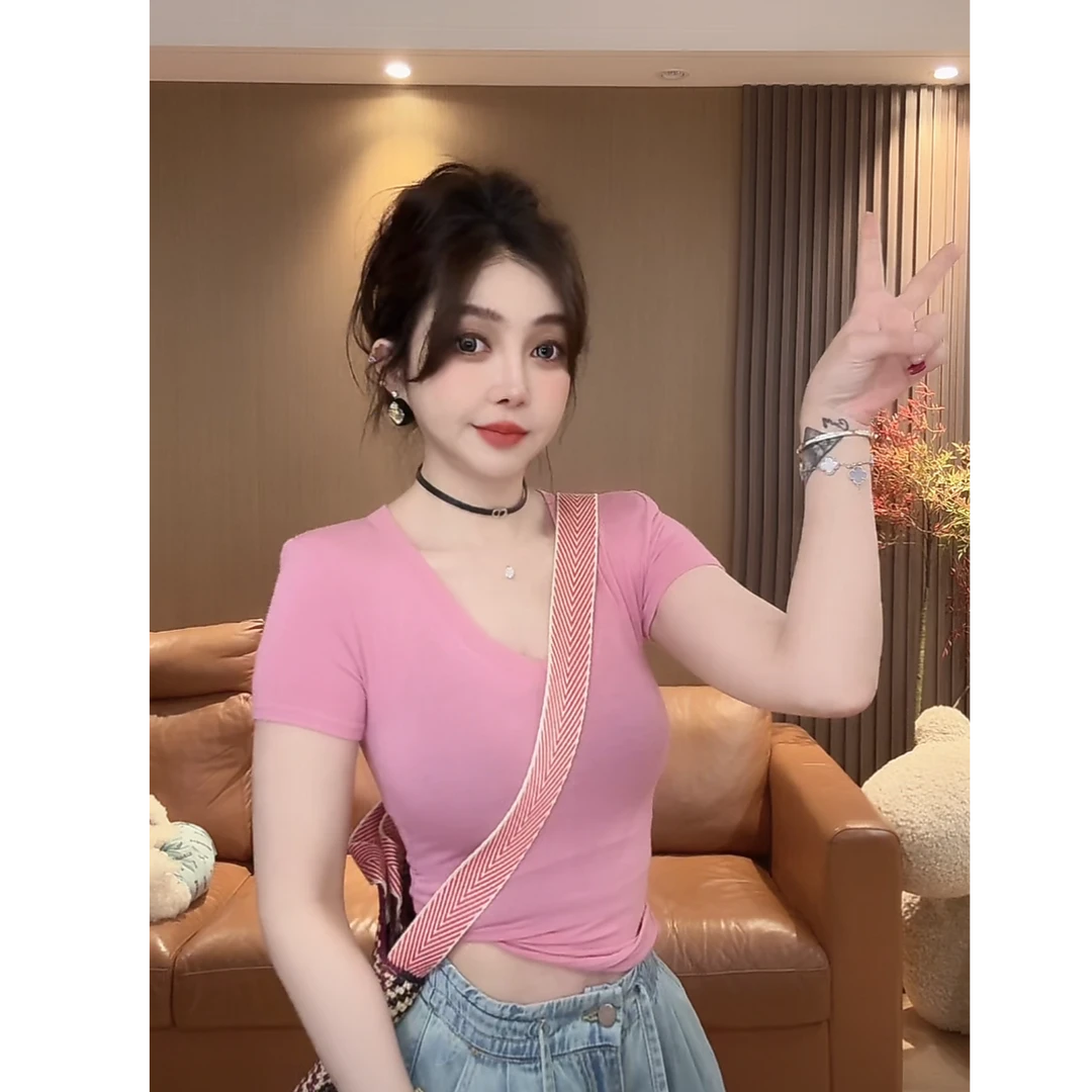 E6 纯色简约修身显瘦休闲百搭V领T恤 EE0504
