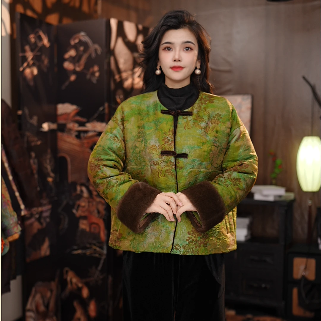 冬款上新女士气质上衣外套中式加厚保暖绿色显白短款长袖棉衣0569