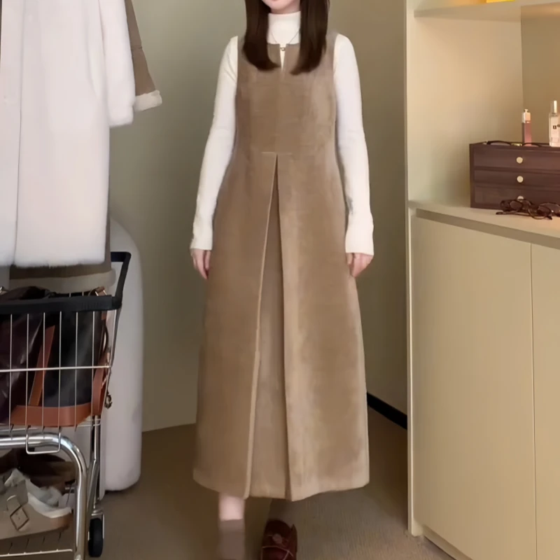 秋季套头假两件长裙气质宽松时尚韩版显瘦简约气质背心高级感裙子