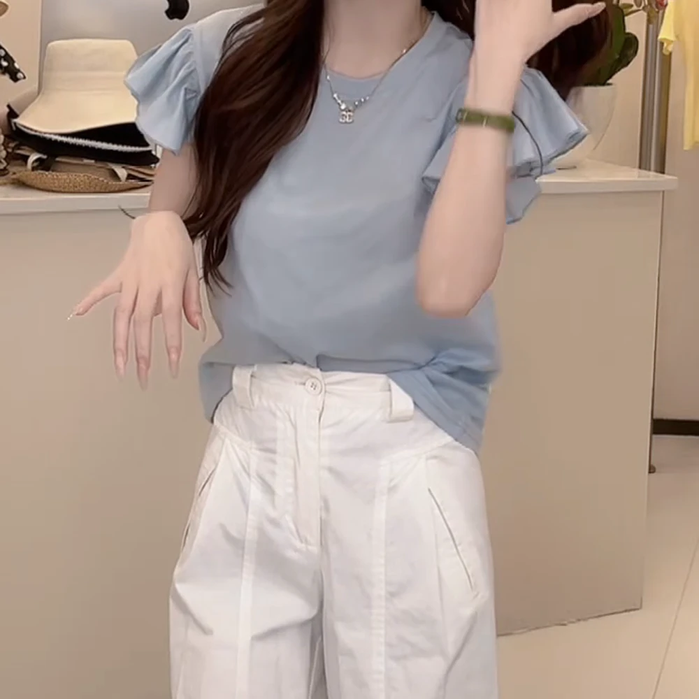 夏季甜美系法式设计捏褶花朵袖圆领短袖T恤