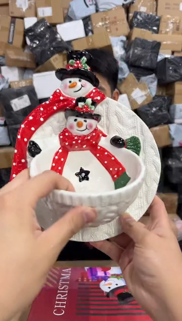 瓷片原盒雪人盘加雪人碗