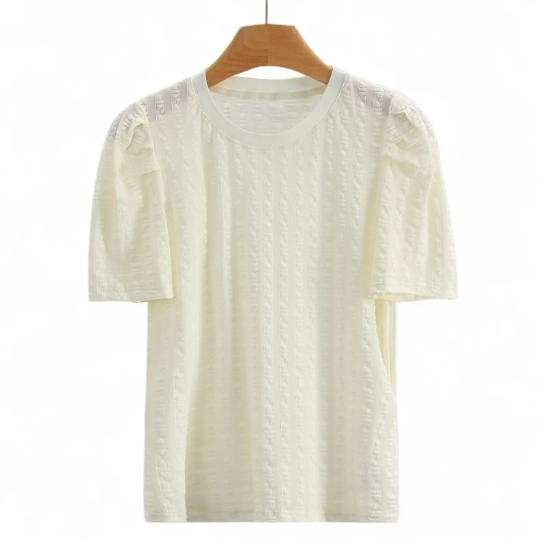 F980-【芙】简约纯色宽松圆领短袖雪纺衫#BLK46S039