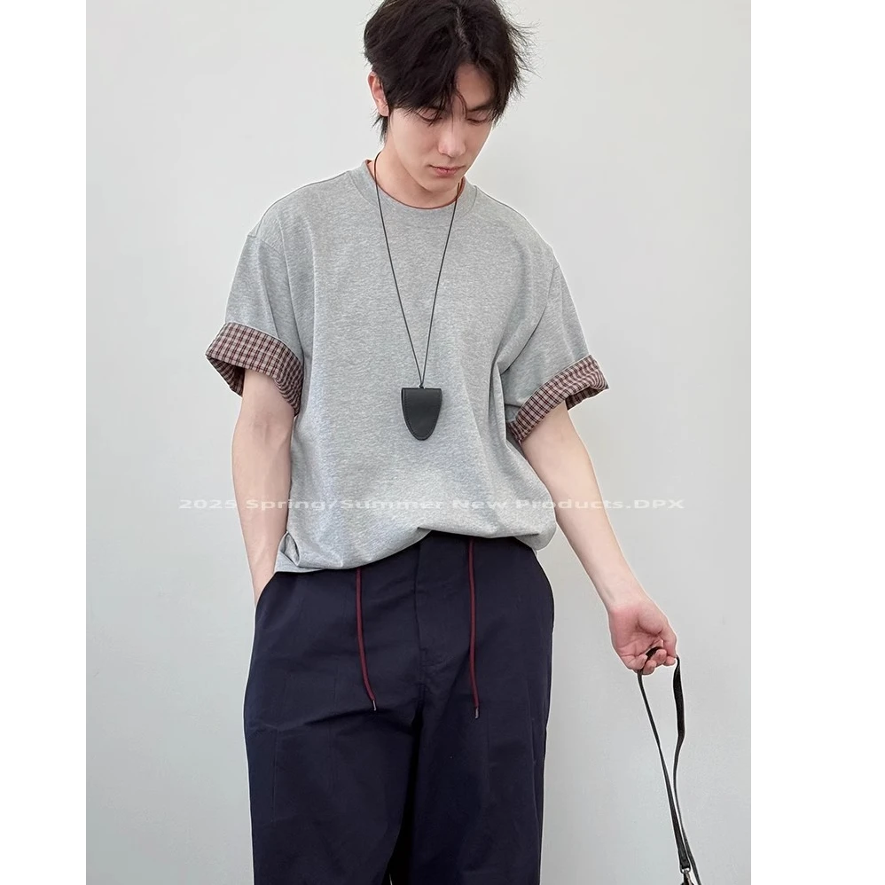 夏季新品重磅纯棉300G格子翻边设计短袖t恤男女同款文艺休闲T恤潮