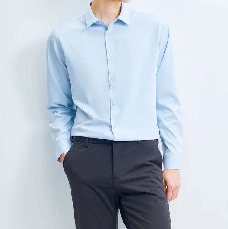 桑蚕丝衬衫！海依柜剪标男装棉质免烫浅蓝色商务休闲长袖正装衬衣