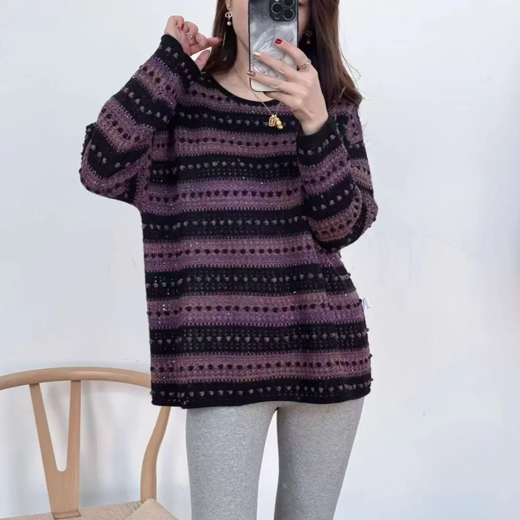 100羊绒25641✦2025早春豆豆款羊绒衫百搭圆领条纹