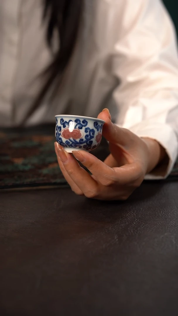 研山琢器青花釉里红灵芝小炉式杯