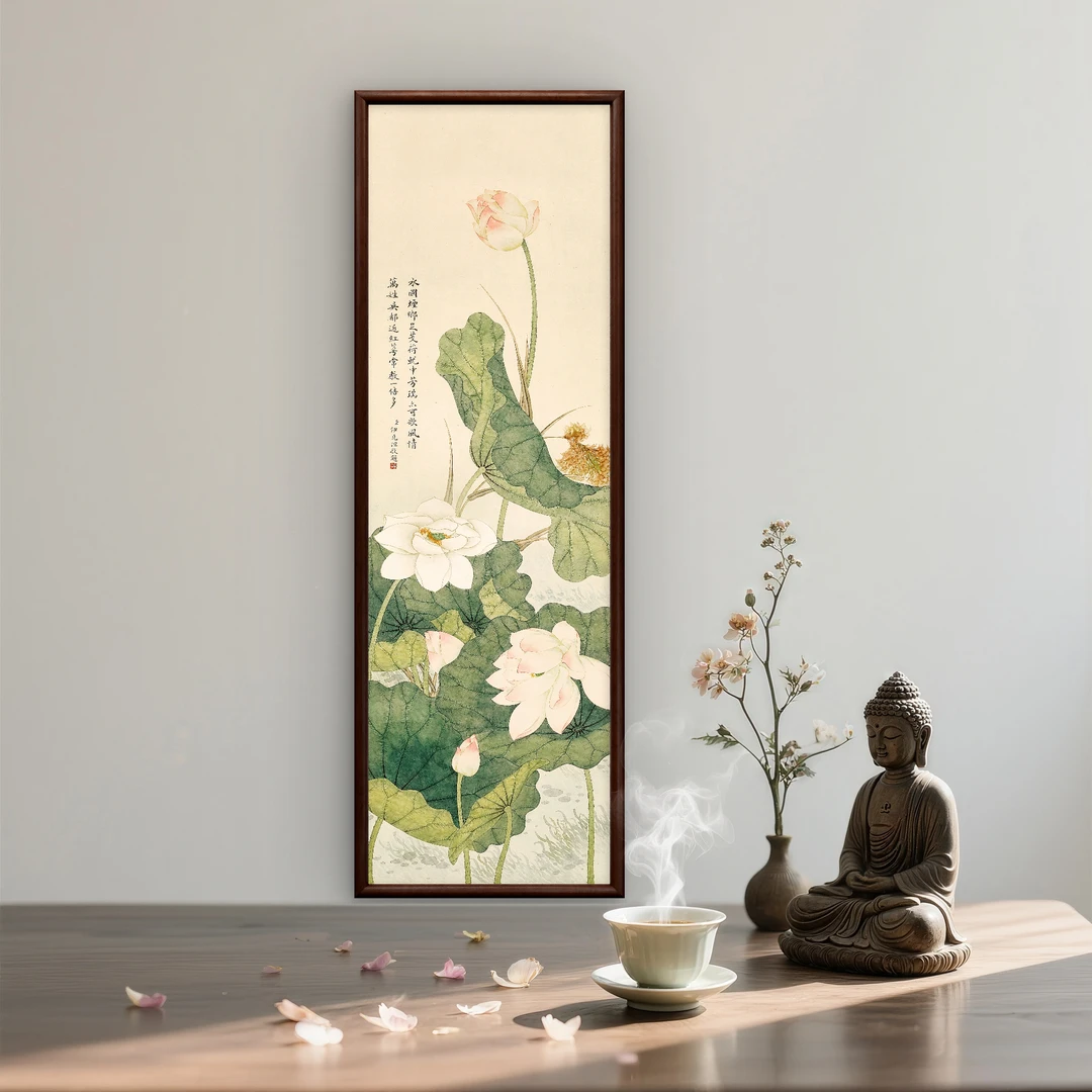 9288-40*120荷花四联1中式装饰画实木玄关书房