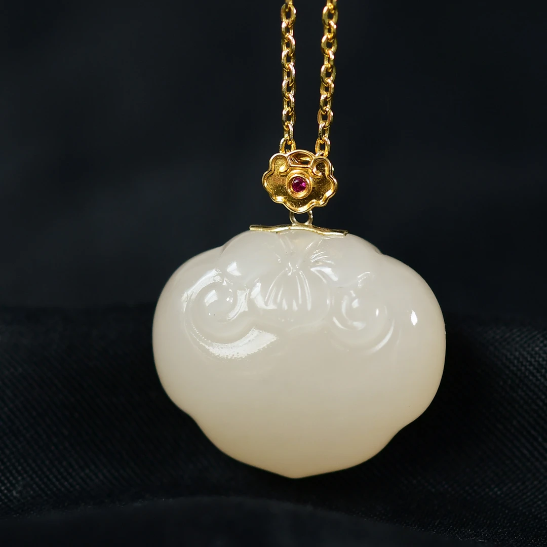 和田玉藕粉平安如意锁吊坠18k镶嵌玉如意项链男女款玉石挂件玉坠