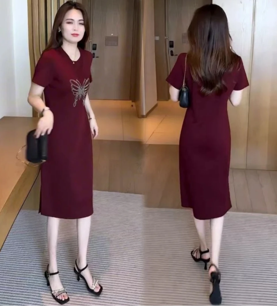 烫钻连衣裙女夏季新款时尚大码休闲百搭显瘦裙子