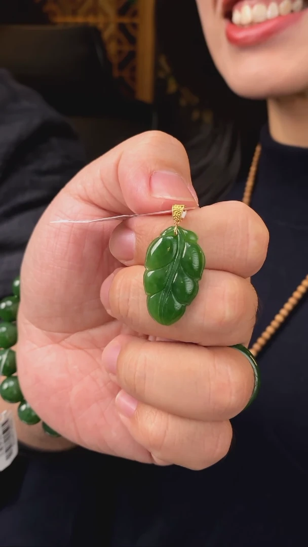 【闪购商品】和田玉吊坠18K金镶嵌【玉道侠侣】俄料碧玉7号矿叶子