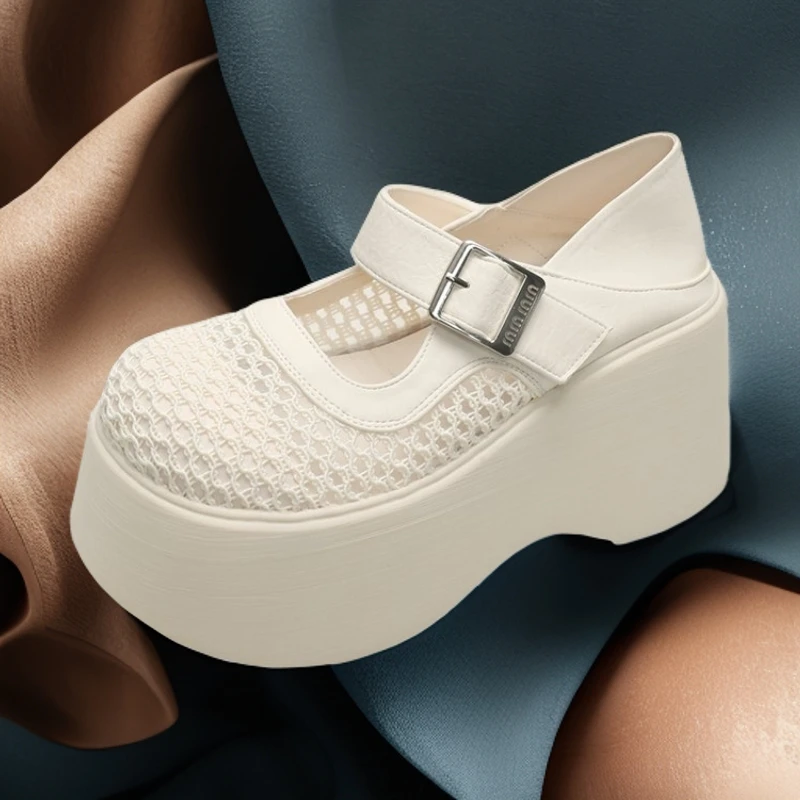 2025新款厚底增高9公分网面编织一鞋两穿时尚公主风法式玛丽珍鞋