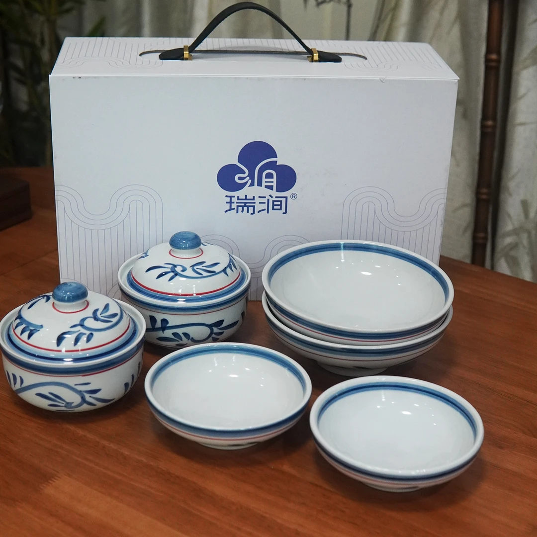 【唐草套组带礼盒】瑞涧唐草套组复古家用陶瓷手绘釉下彩中式大号