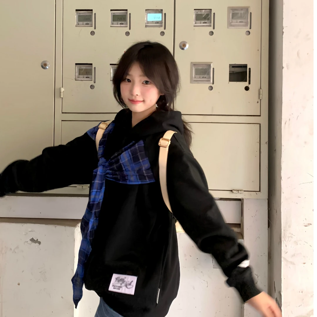 2025早秋新款格子拼接连帽卫衣春秋薄款宽松蝴蝶结绑带情侣装外套