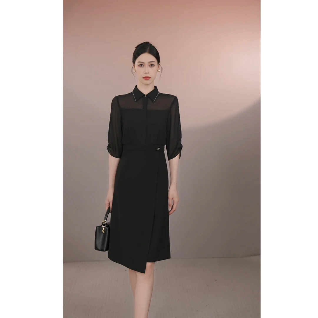 艾尚轻熟风夏季拼接名媛时尚清短袖袖优雅法式显瘦清凉收腰设计感