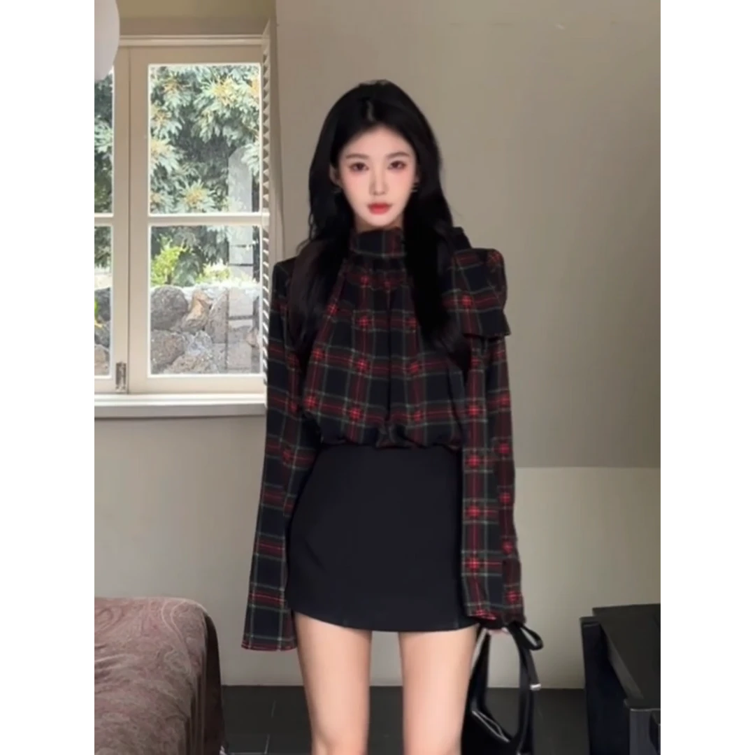 MARIE.COCO设计感小众格子飘带长袖衬衫女高腰气质包臀短裙两件套