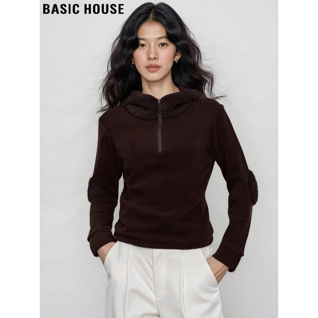 Basic House/百家好复古咖色加厚连帽卫衣女2025冬季休闲套头上衣