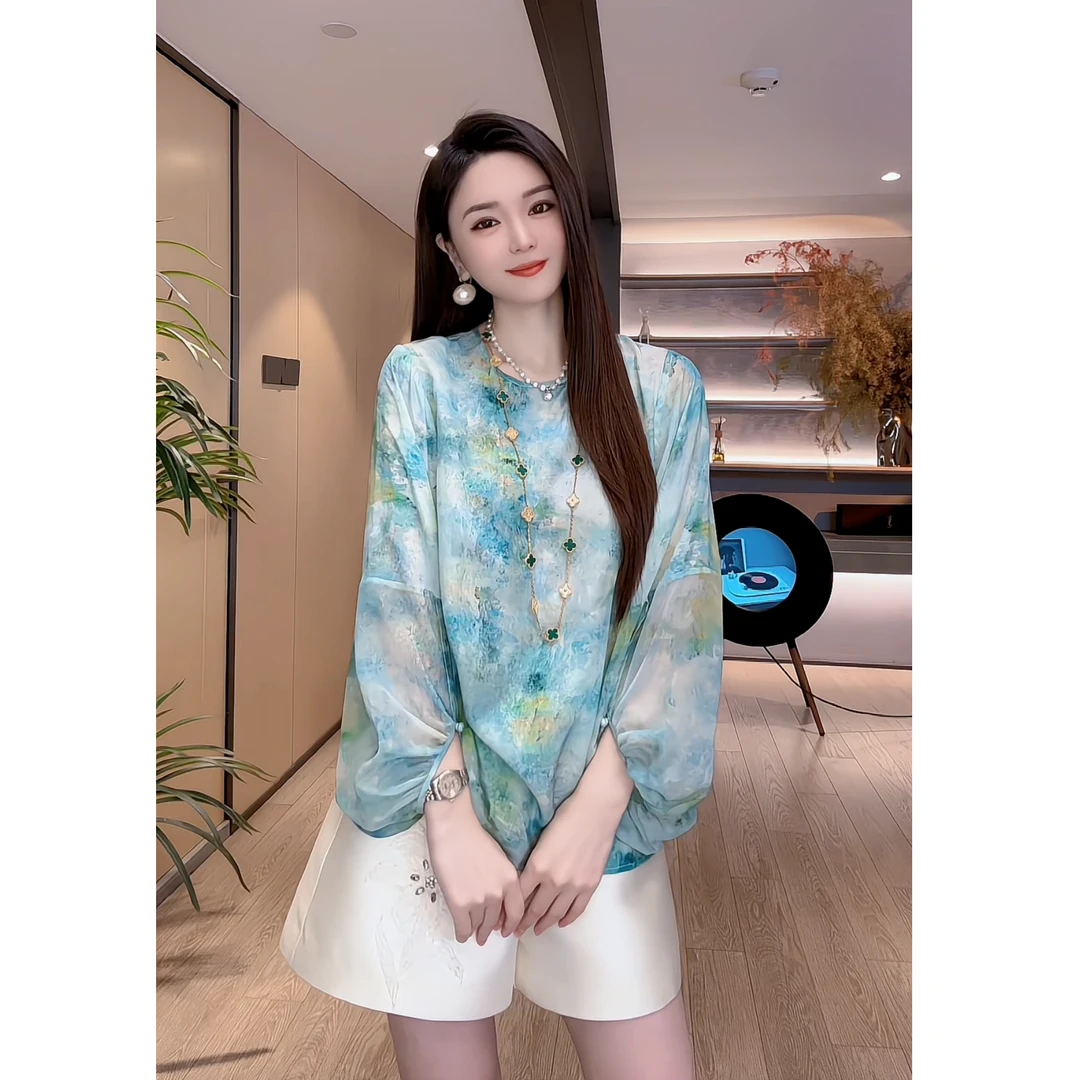 【深圳米熙儿】春款桑蚕丝休闲显瘦印花长袖衬衣衬衫