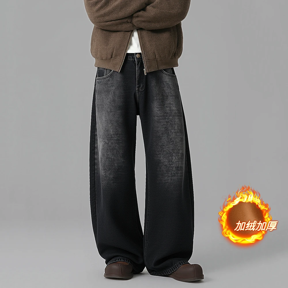 SANYUEBAN美式高街水洗黑色牛仔裤男国潮加绒加厚直筒裤阔腿裤