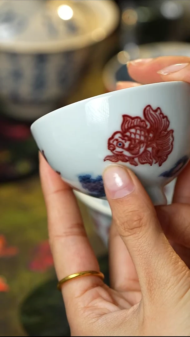 梓耘红窑景德镇高温纯手工手绘青花釉里红鲤鱼鸡心杯
