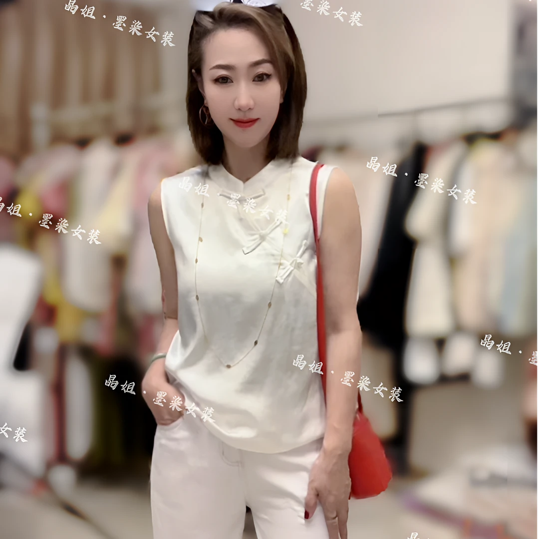 25136夏季新中式盘扣斜襟无袖女上衣新款国风气质百搭圆领上衣