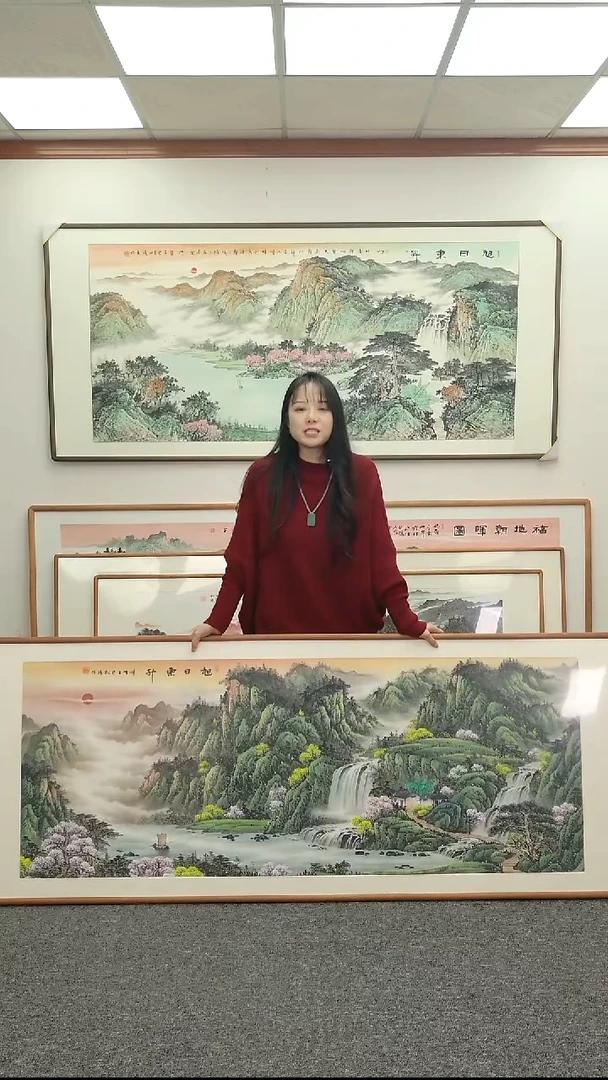 国画手绘210*80旭日东升带框