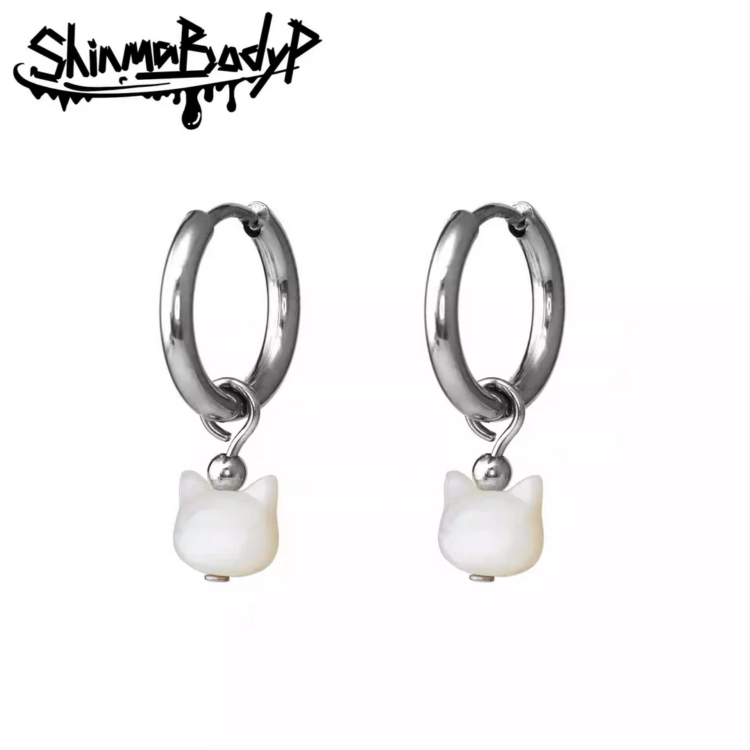 钛钢贝壳耳饰 Shinma贝壳猫钛钢可爱小猫白猫咪甜美可爱耳环耳饰