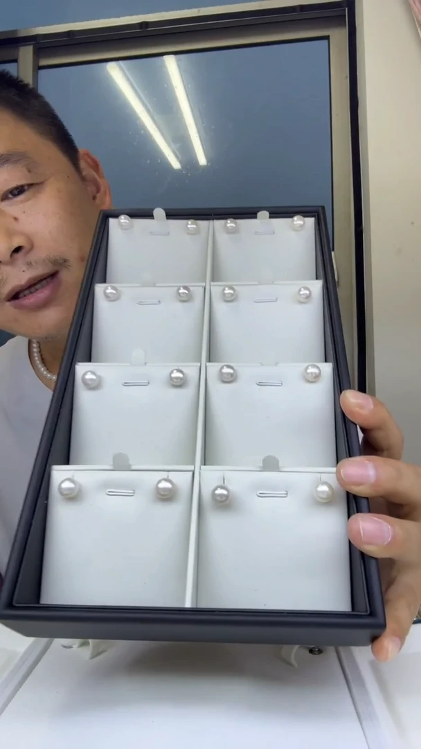 银S925镶嵌耳饰淡水珍珠9-10mm珍珠耳钉怕一发二