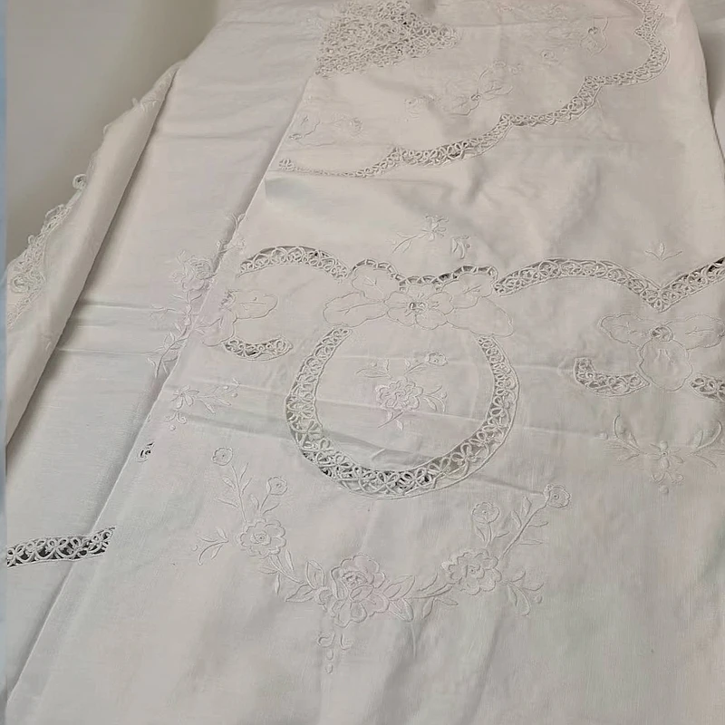 细丝亚麻手工梭子绣床盖绣花刺绣床品花边2.3×2.7米