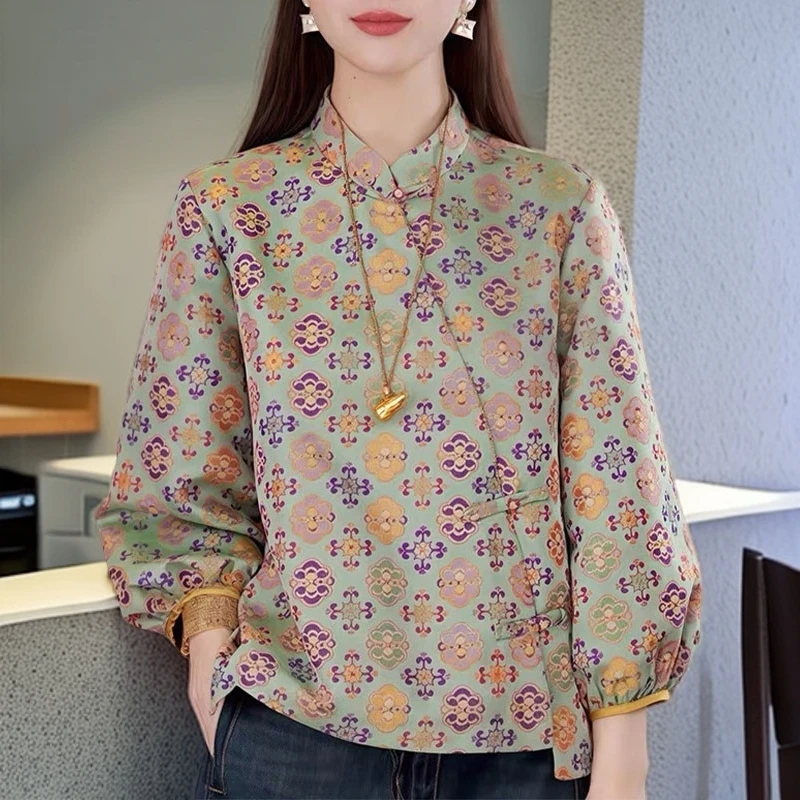 新中式国风2025秋季新款设计感衬衫女别致气质禅意人丝提花上衣