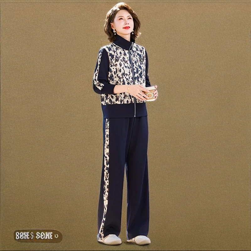 霖夕妈妈装秋季新款套装中老年女装时尚立领外套上衣运动服两件套