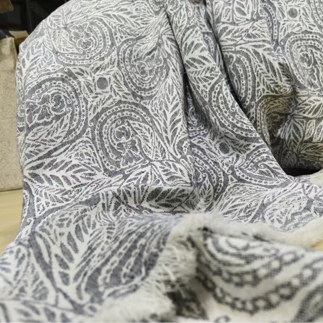 【生长】100%亚麻色织大提花流苏披毯加厚