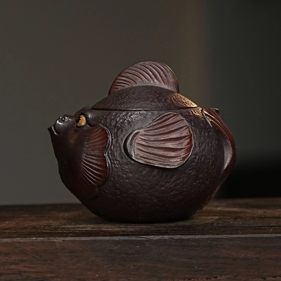 【2672金鱼手抓壶】宜兴原矿紫砂手工制作金鱼手抓壶