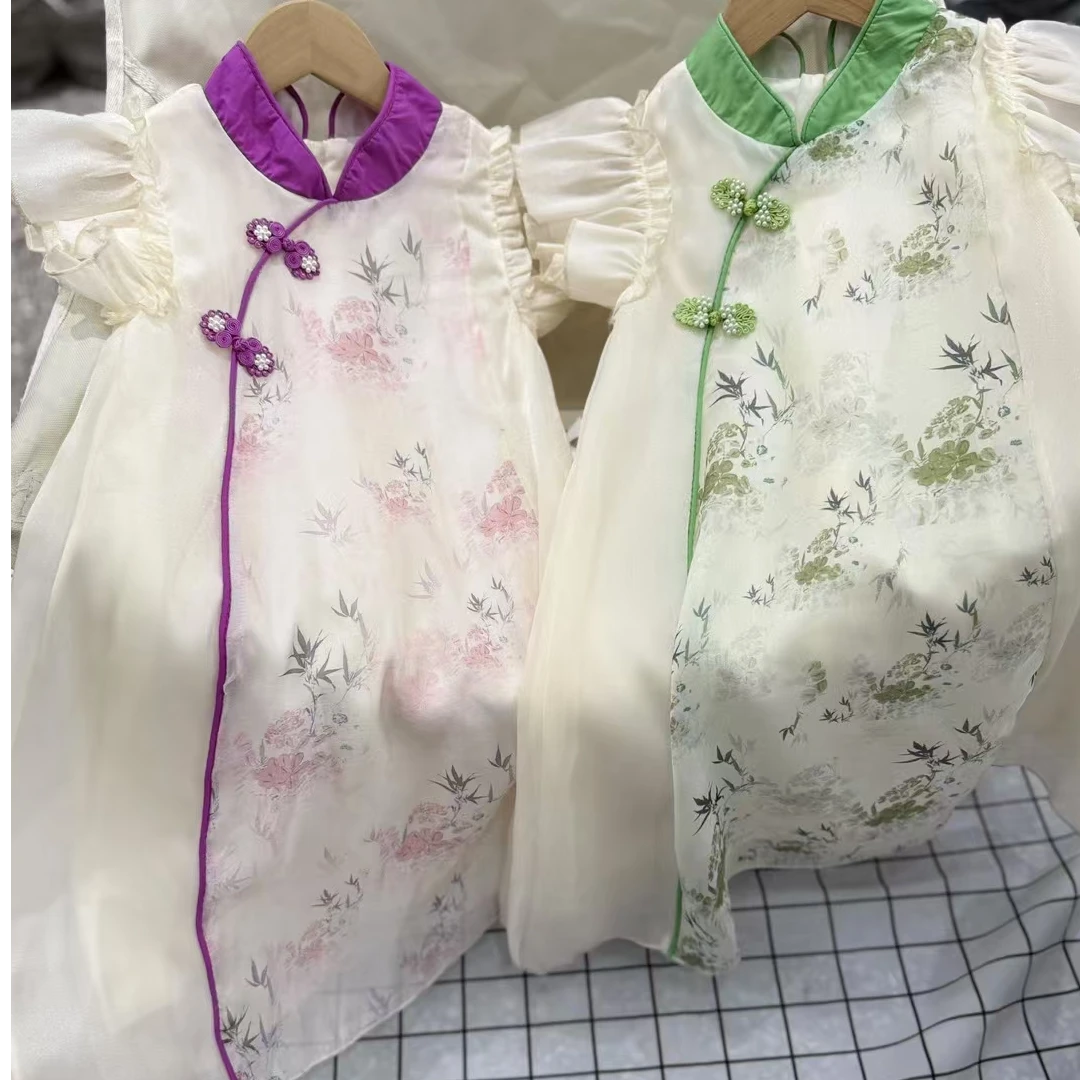 绣花A字裙短袖夏季中式童装旗袍裙女中国风连衣裙裙子