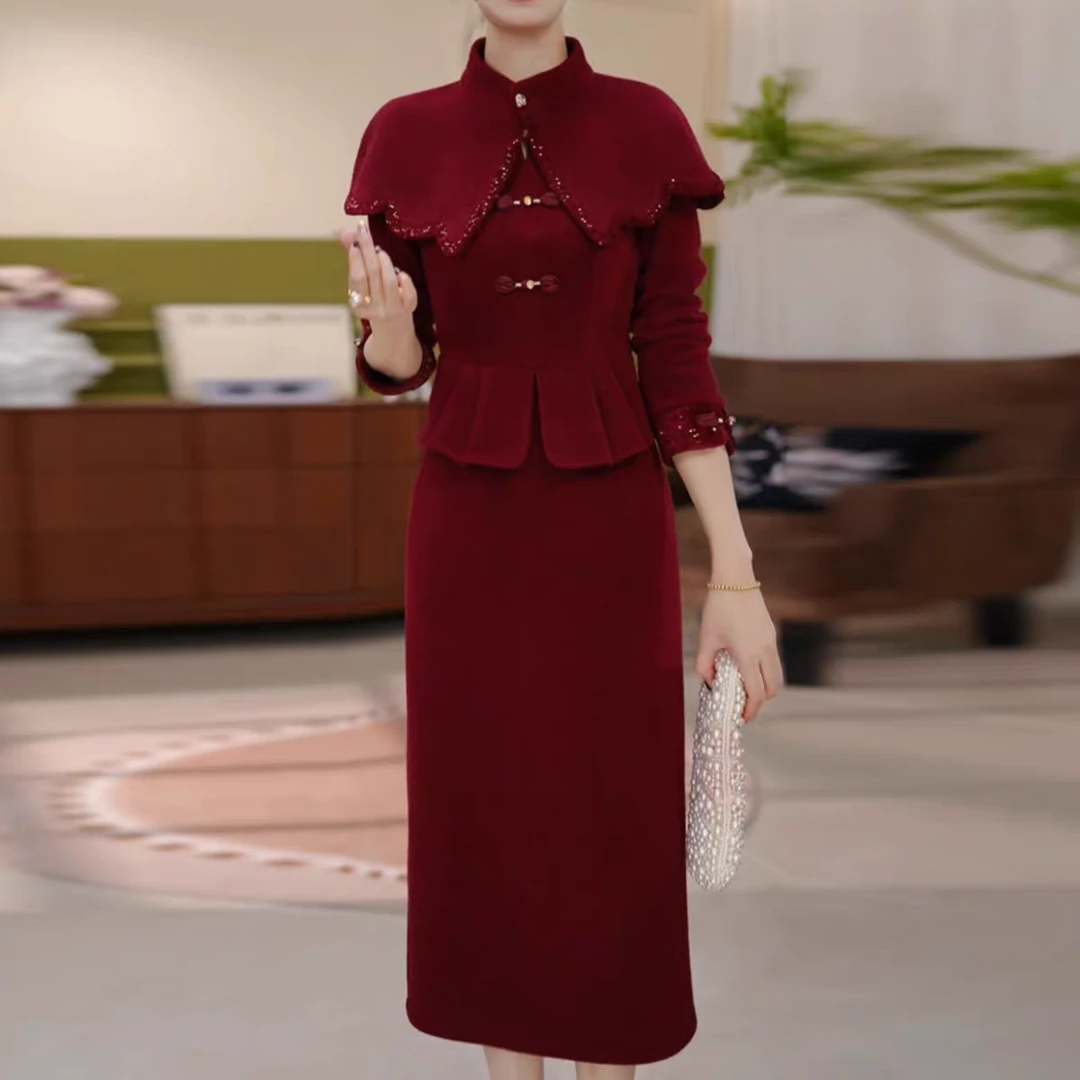 高档贵妃绒时尚洋气简约优雅礼服裙2025秋冬新款中长收腰连衣裙女