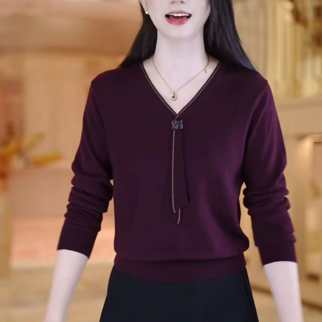 早秋烫钻飘带长袖针织衫V领撞色边上衣气质女装显瘦中年女装