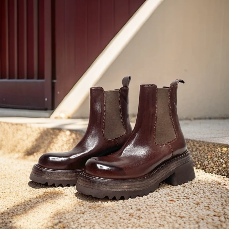 新款复古水洗马皮短靴女厚底粗跟英伦风切尔西马丁靴